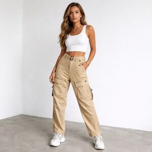 ZARA Beige Cargo Pants w/ Strap Detail Utility Style Size S